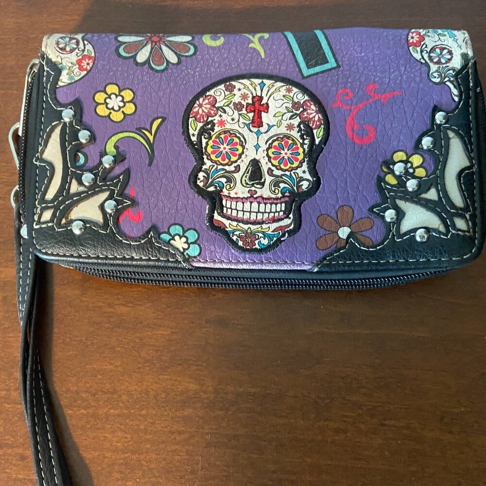 Sugar Skull Day of the Dead Cross Flower Women Zipper Wristlet Wallet
